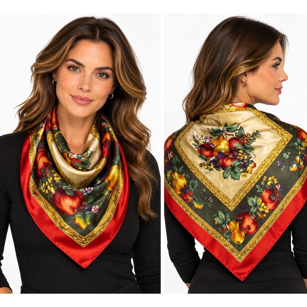 Hiroko Kapp Silk Square Scarf Harvest Fruit Floral Red Olive Gold 34x34 NWT